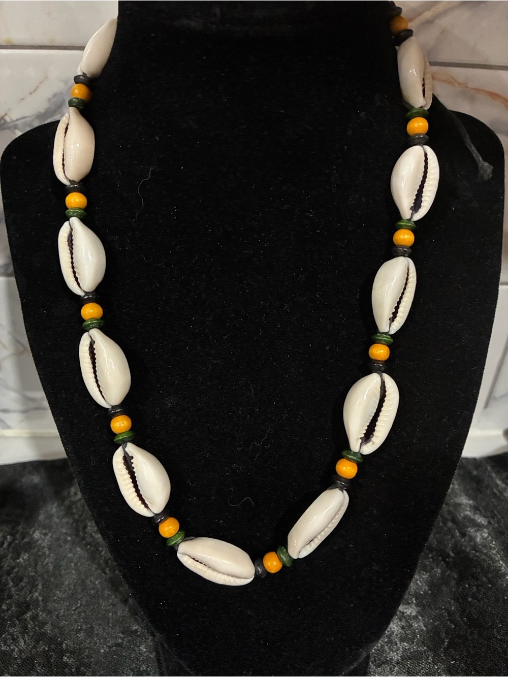 Vintage Beach Cowrie Shell Necklace Green Yellow